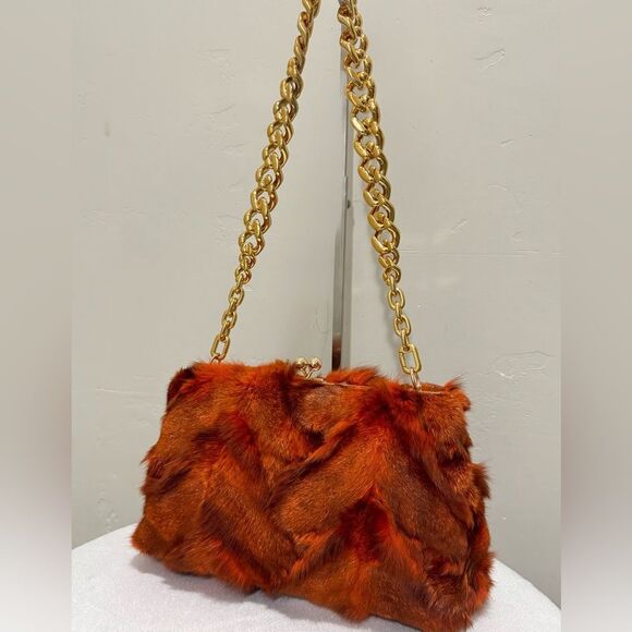 Real Fox Fur Herringbone Pattern Handmade Kisslock Clutch/Shoulder Bag/Crossbody - Picture 8 of 16